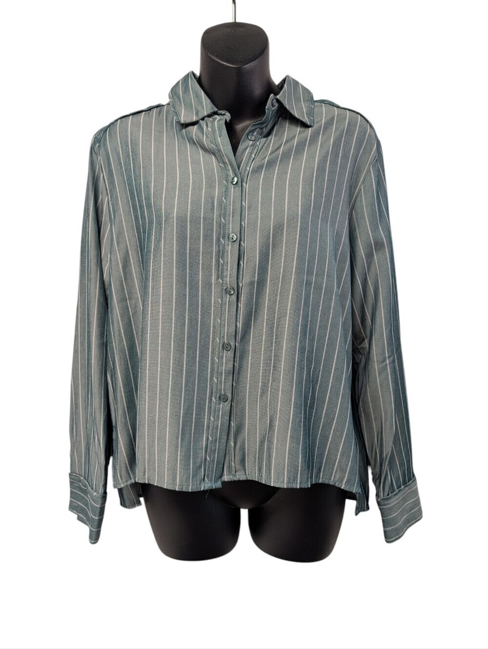 Modern Works Green White Striped Button Down Shirt Long Sleeve Collared Size S